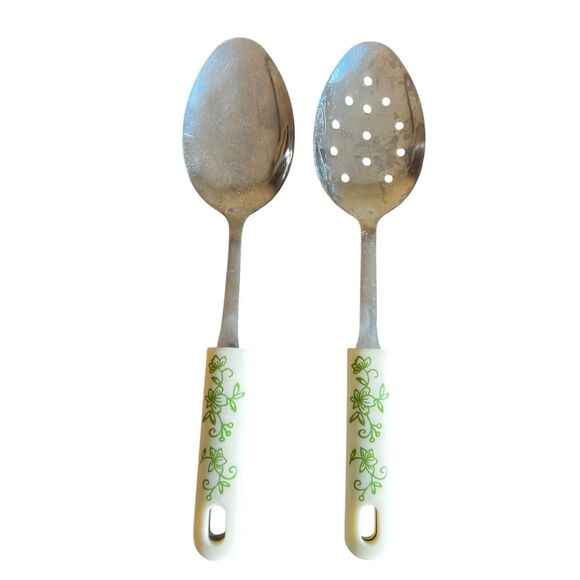 2 Temp-tations Presentable Ovenware by Tara Slotted Spoon Serving Green White - Picture 1 of 5